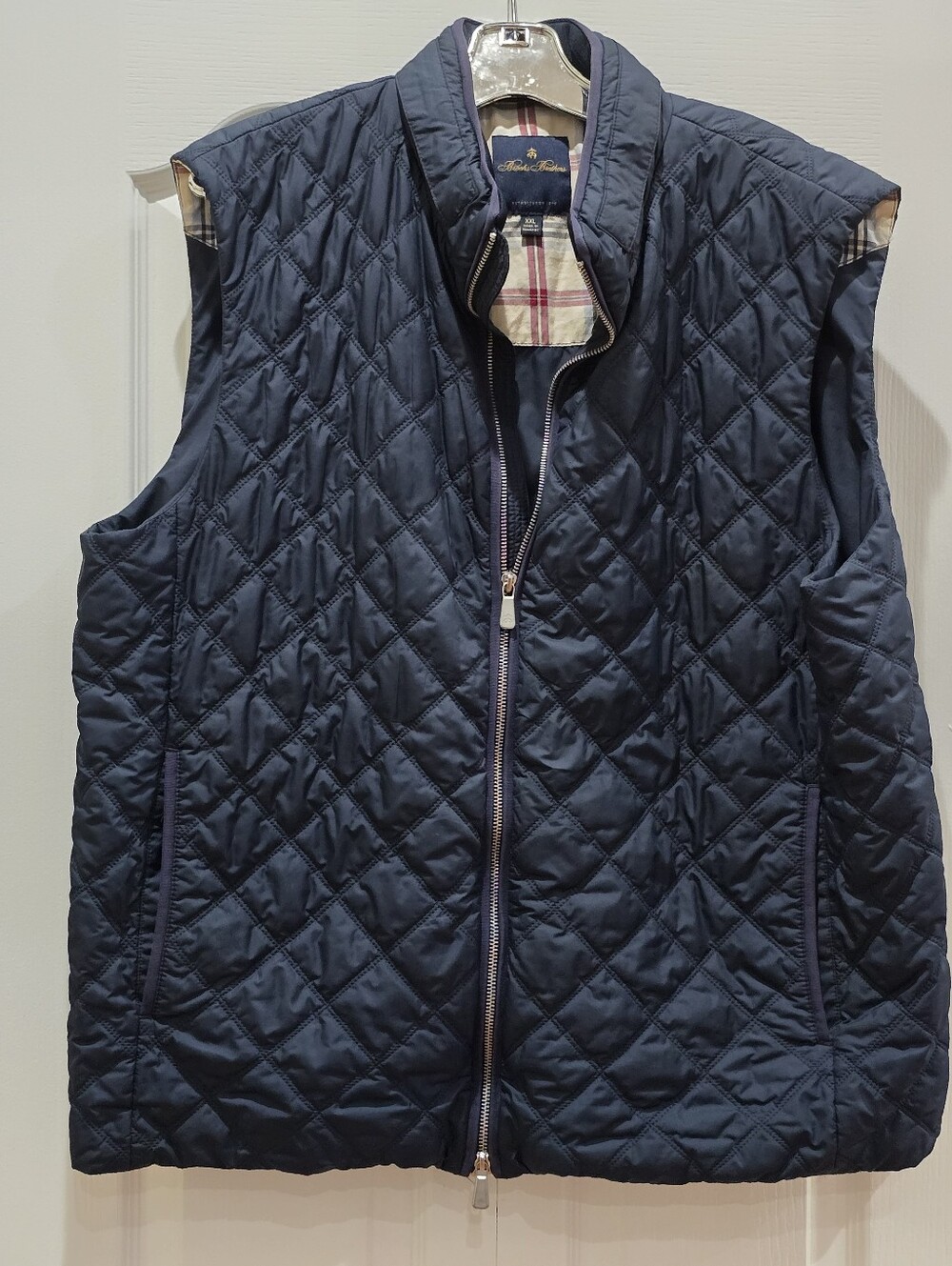 Brooks Brothers Men's XXL Diamond Quilted Vest - Navy Blue Tartan Plaid